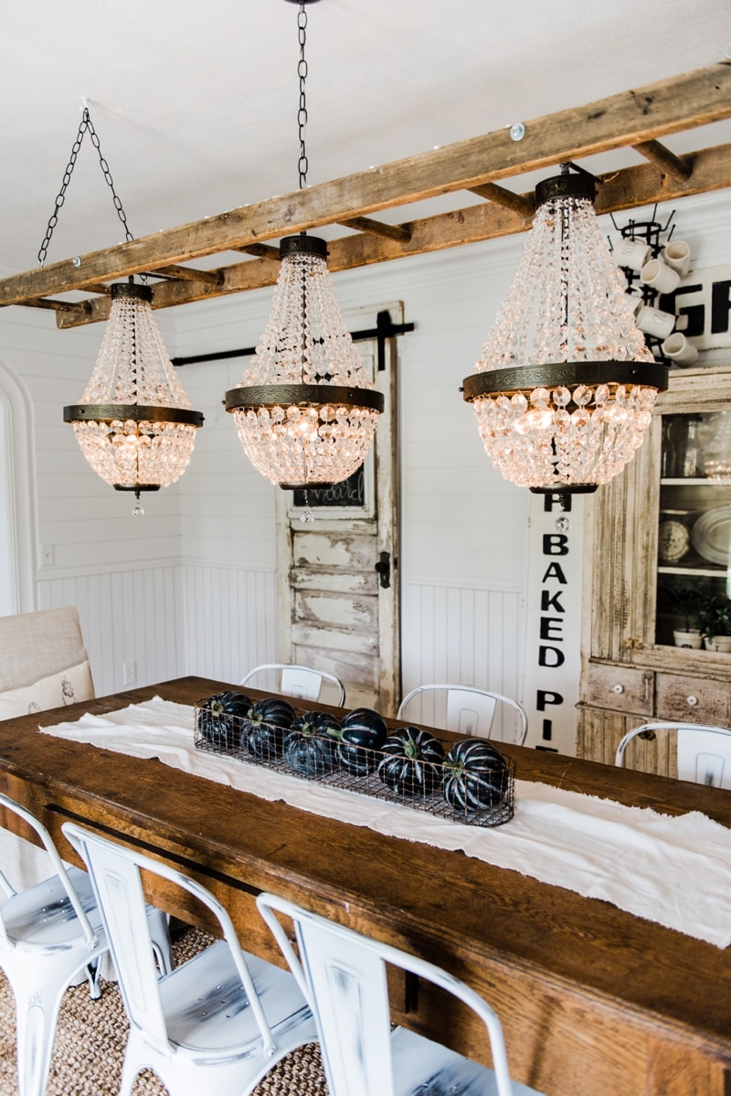 Farmhouse dining room makeover - Crystal chandelier update. 