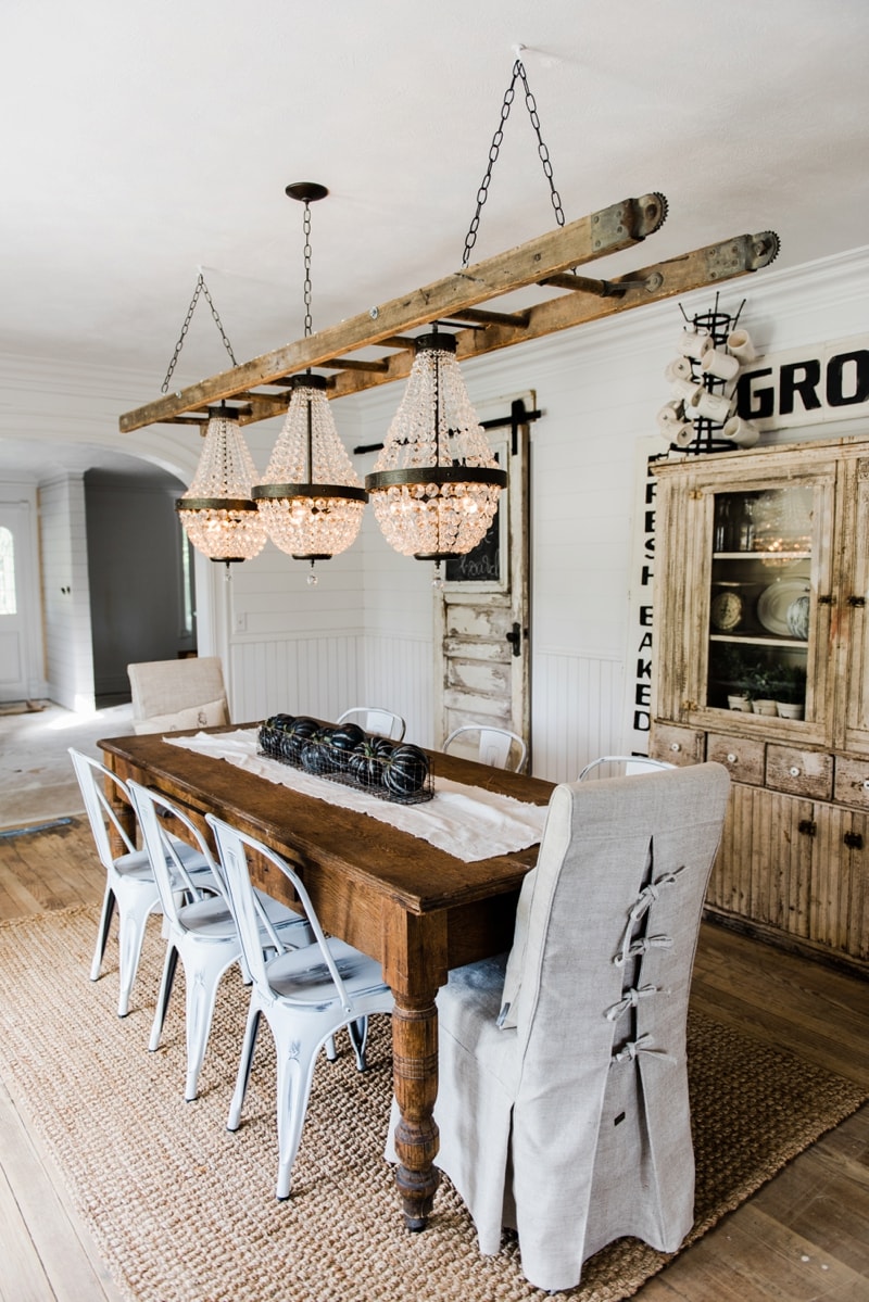 Farmhouse dining room makeover - Crystal chandelier update. 