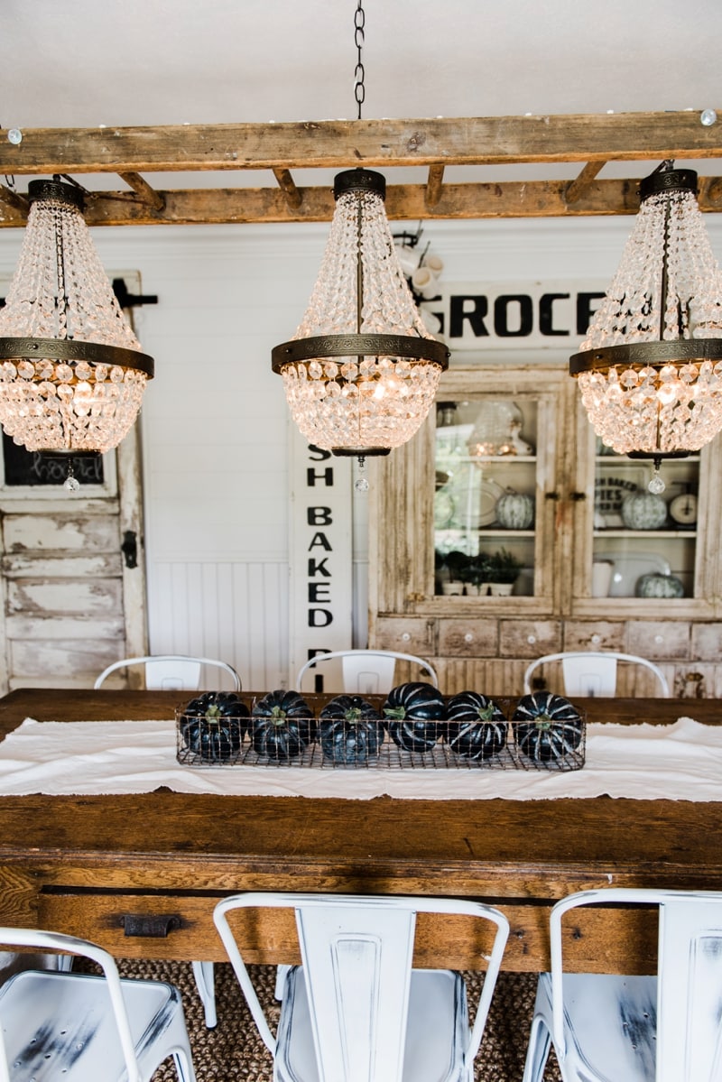Farmhouse dining room makeover - Crystal chandelier update. 