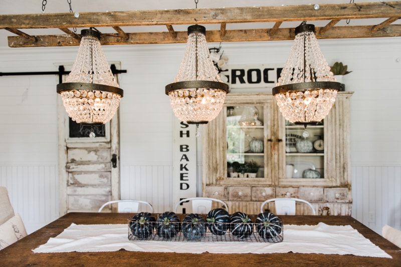 Farmhouse dining room makeover - Crystal chandelier update. 