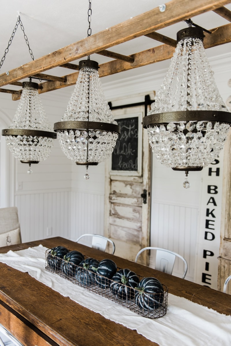 Farmhouse dining room makeover - Crystal chandelier update. 