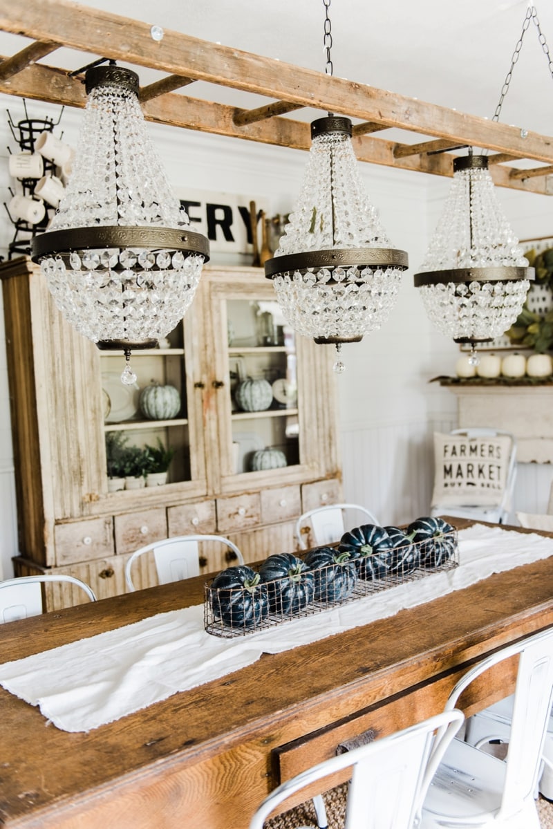 Farmhouse dining room makeover - Crystal chandelier update. 