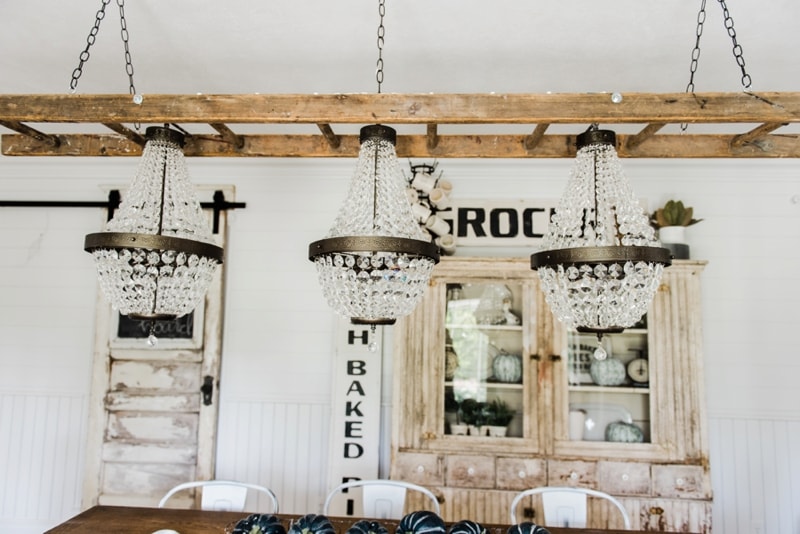 Farmhouse dining room makeover - Crystal chandelier update. 