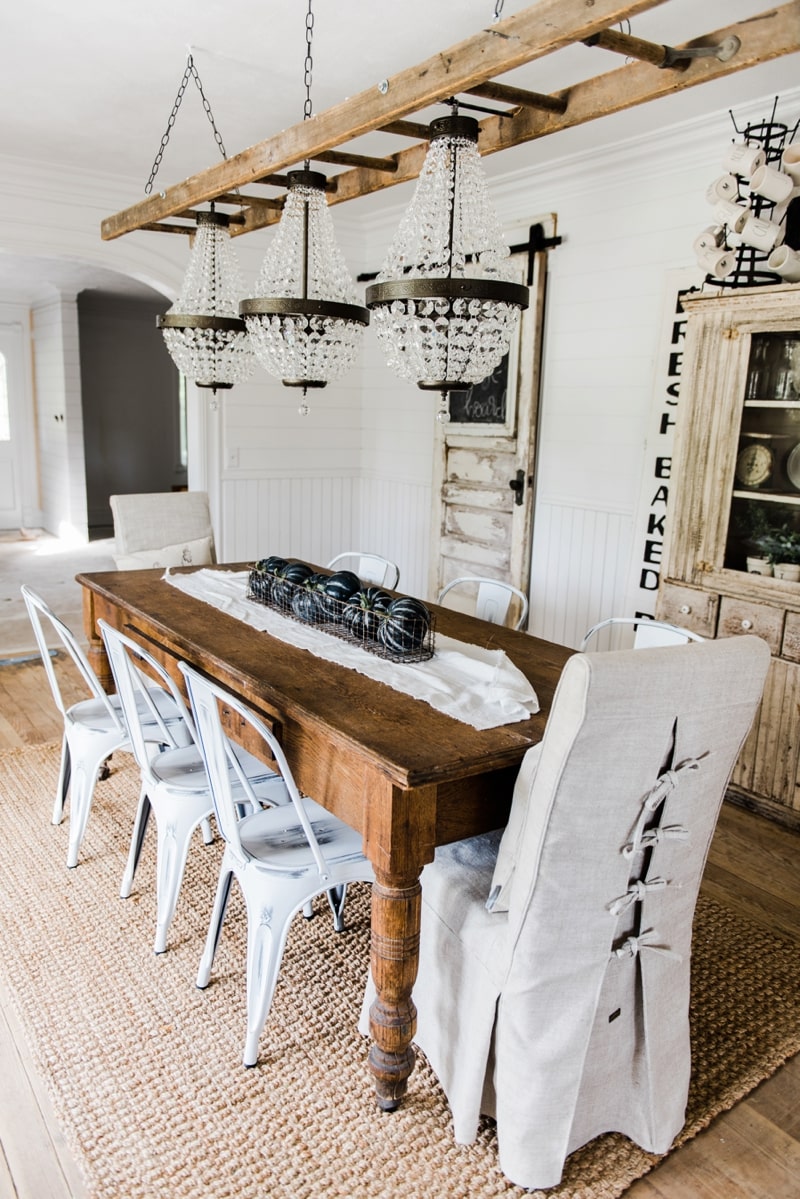 Farmhouse dining room makeover - Crystal chandelier update. 