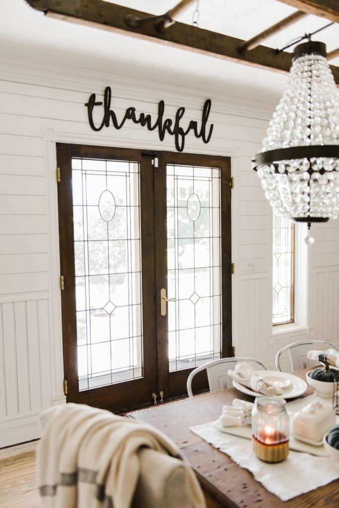 Neutral rustic fall decor - Wood cursive word art. Wooden thankful sign.
