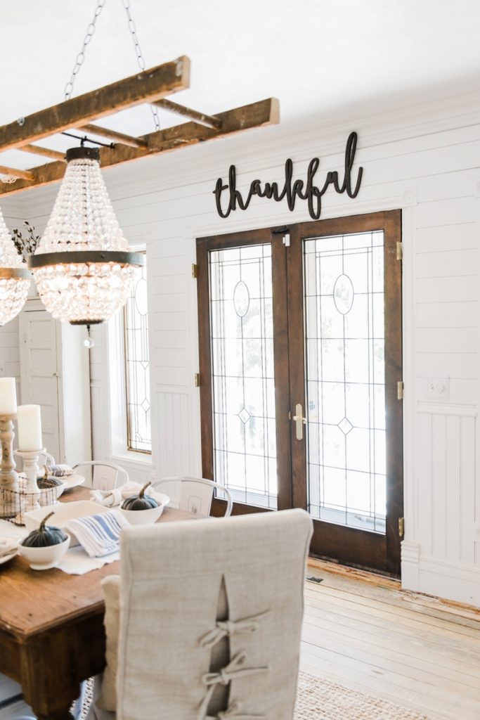 Neutral rustic fall decor - Wood cursive word art. Wooden thankful sign.