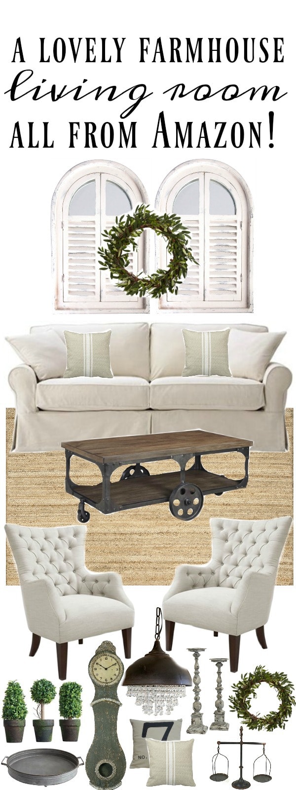 A lovely living room design with all items from Amazon! Great cottage style & farmhouse style home decor inspiration. A must pin! 