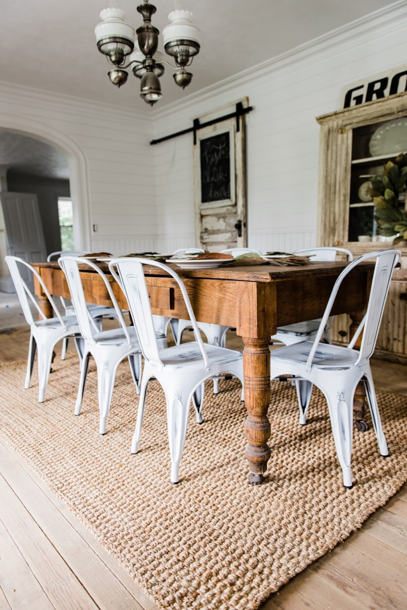 White farmhouse Metal Chairs Dining Room Decor by Liz Marie Blog - Farmhouse dining room 