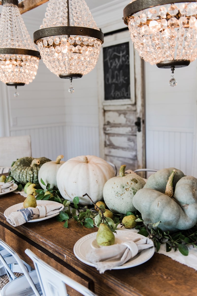 Rustic heirloom pumpkin and pear farmhouse table centerpiece