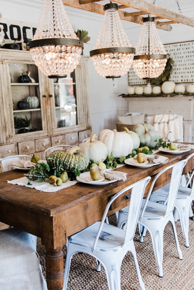 Rustic heirloom pumpkin and pear farmhouse table centerpiece