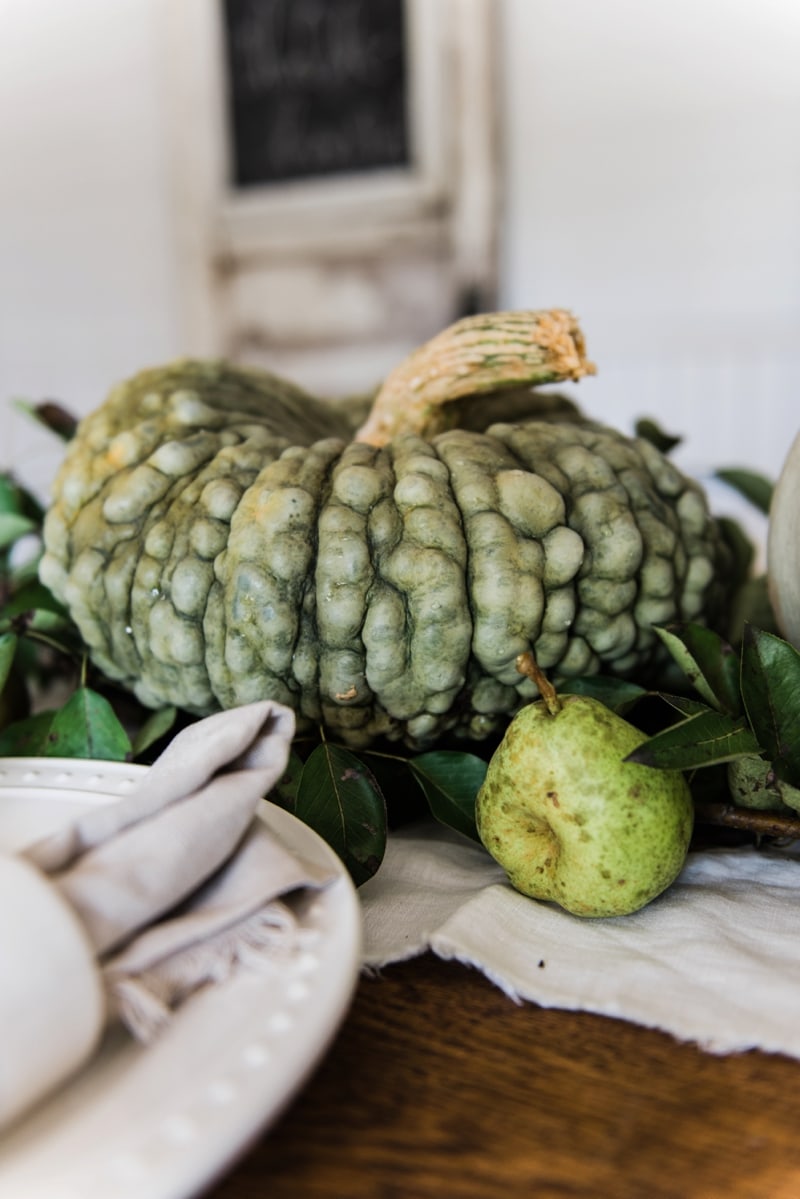 Rustic heirloom pumpkin and pear farmhouse table centerpiece