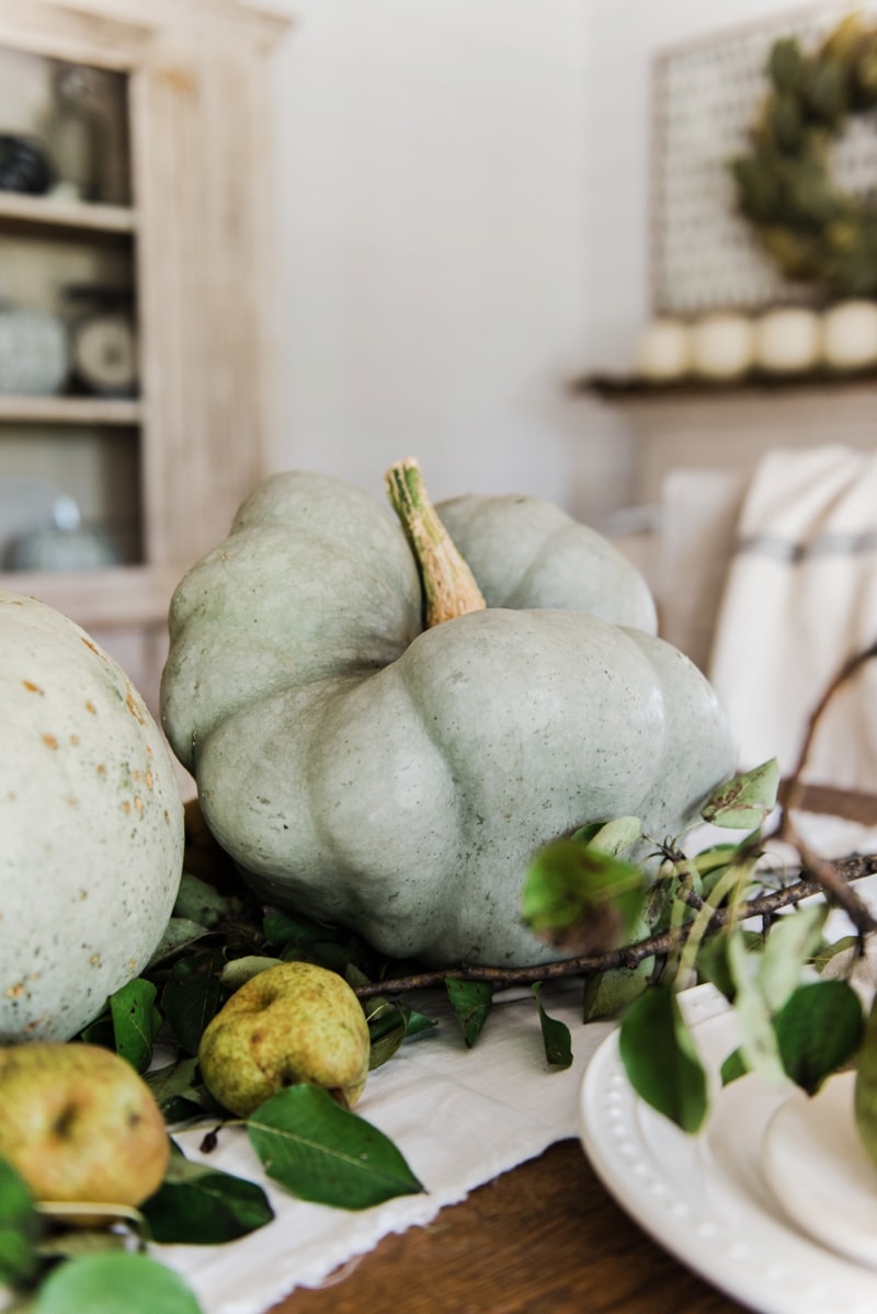 Rustic heirloom pumpkin and pear farmhouse table centerpiece