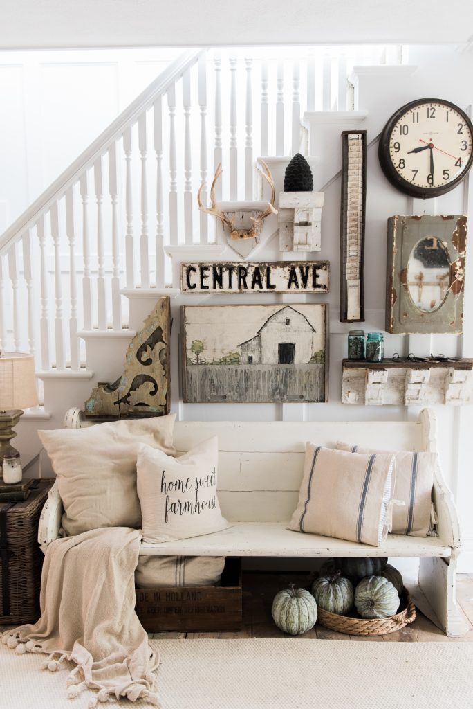 Eclectic farmhouse entryway gallery wall - A great source for farmhouse inspiration. 