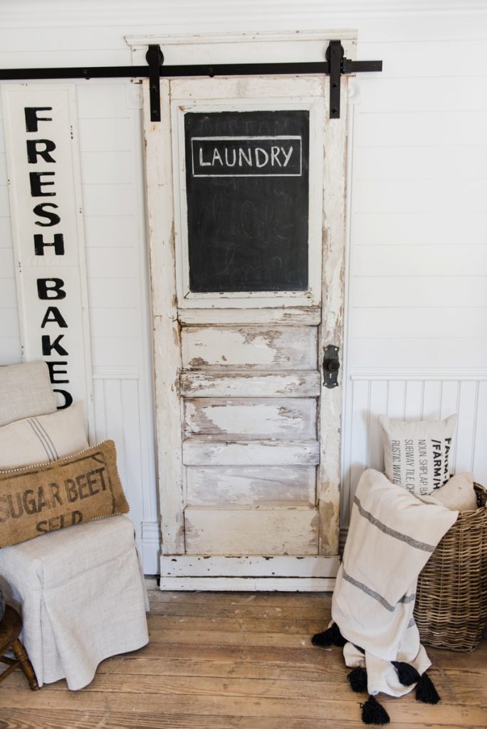 DIY laundry room sliding barn door - Great for any room of your home. A great way to add architectural farmhouse detail to any home. 