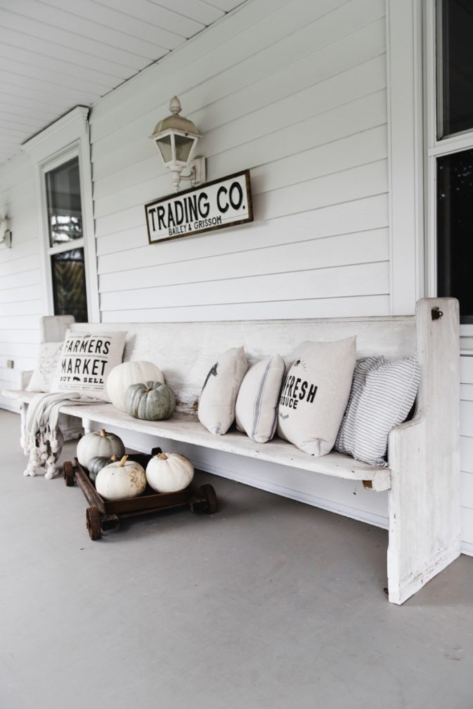 Farmhouse style porch - Church pew and farmhouse pillows on a porch... the perfect combo. 