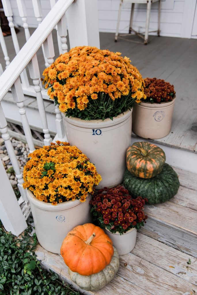 Cozy Rustic Fall porch - Mums in crocks to give a farmhouse porch an instant fall vibe. Great source for farmhouse decor. 