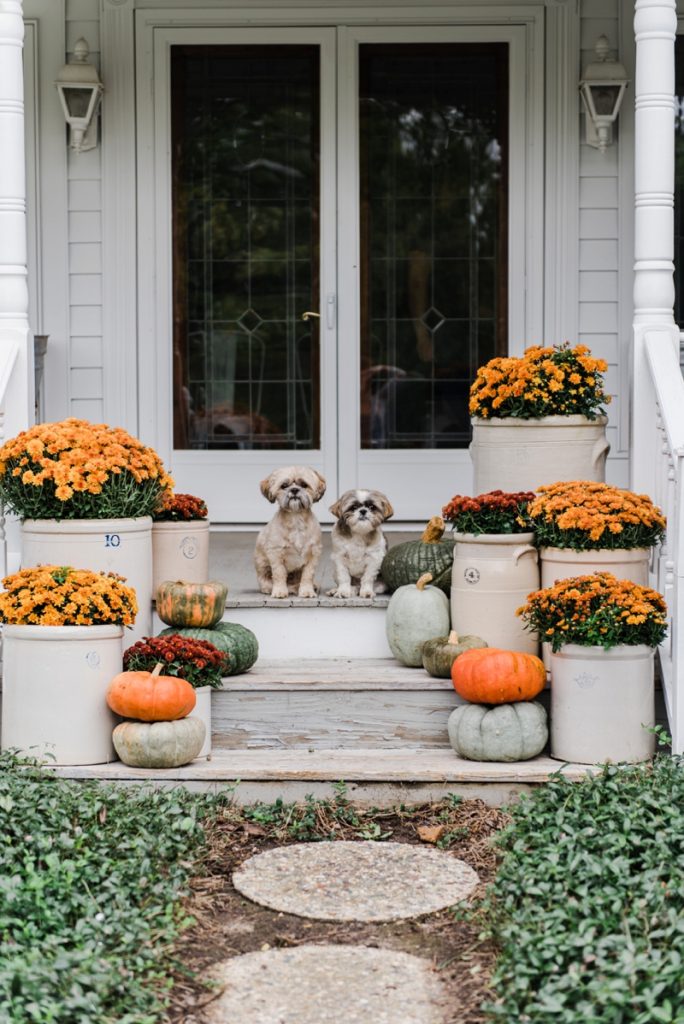Cozy Rustic Fall porch - Mums in crocks to give a farmhouse porch an instant fall vibe. Great source for farmhouse decor. 