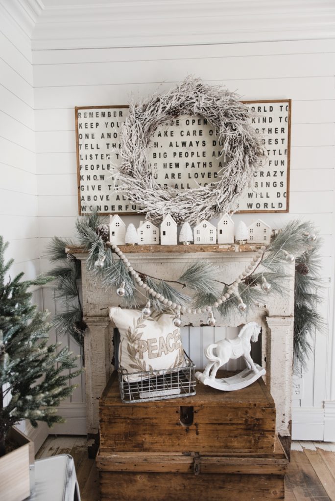 Farmhouse Christmas Village Mantel - Target dollar spot christmas village houses. A great rustic farmhouse mantel & christmas decor inspiration. 