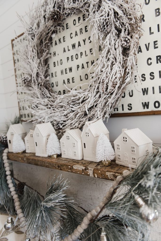 Farmhouse Christmas Village Mantel - Target dollar spot christmas village houses. A great rustic farmhouse mantel & christmas decor inspiration. 