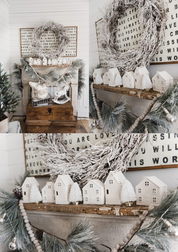 Farmhouse Christmas Village Mantel - Target dollar spot christmas village houses. A great rustic farmhouse mantel & christmas decor inspiration. 