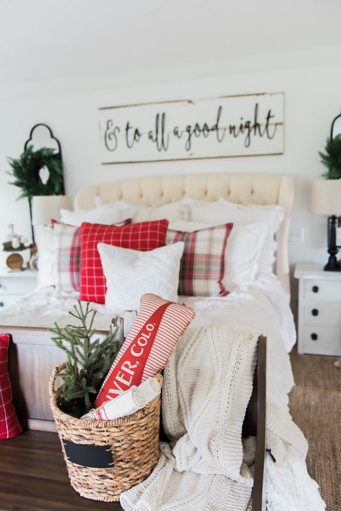 Cozy cheerful farmhouse Christmas bedroom - A must pin for farmhouse & cottage style Christmas decor inspiration!