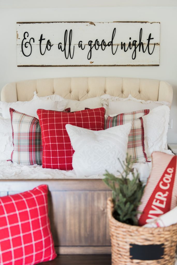 Cozy cheerful farmhouse Christmas bedroom - A must pin for farmhouse & cottage style Christmas decor inspiration!