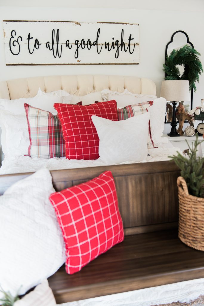 Cozy cheerful farmhouse Christmas bedroom - A must pin for farmhouse & cottage style Christmas decor inspiration!