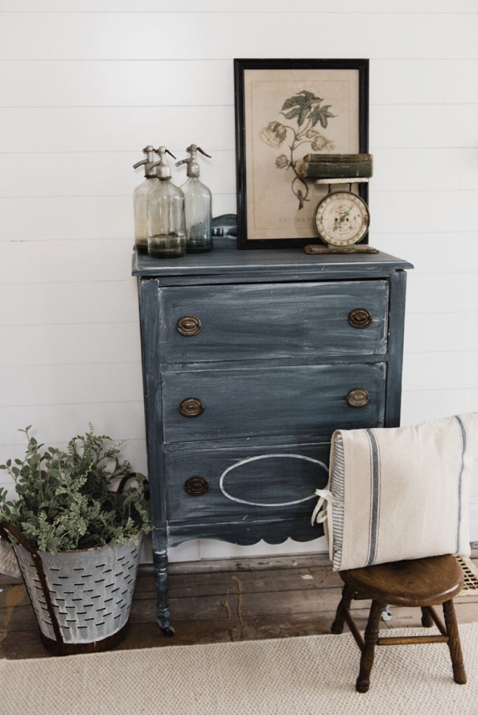 Styled Chalk Painted Dresser in a rustic farmhouse entryway