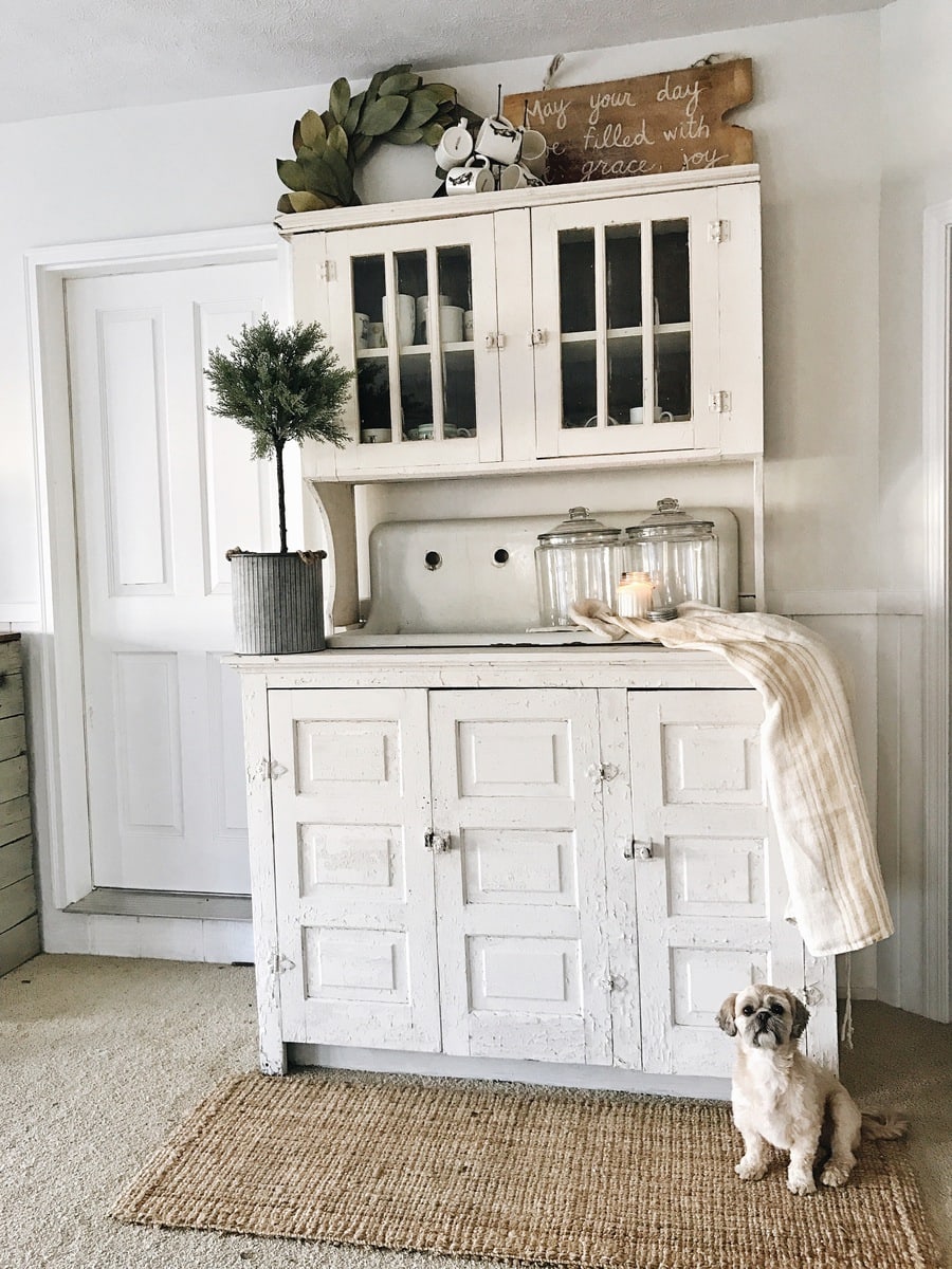 DIY Coffee bar- the beginning of a coffee bar in a farmhouse living room with a cottage decor vibe.