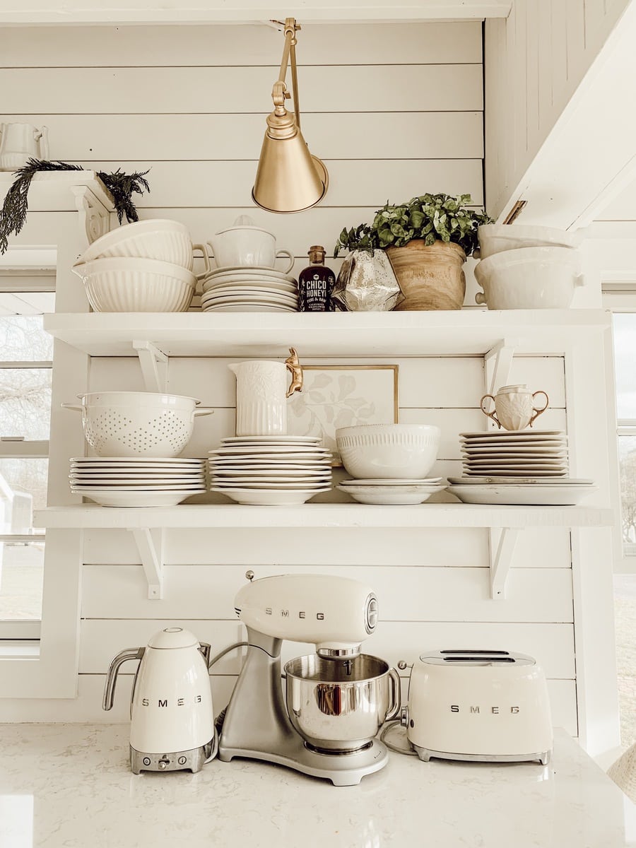 White farmhouse open shelving in the kitchen