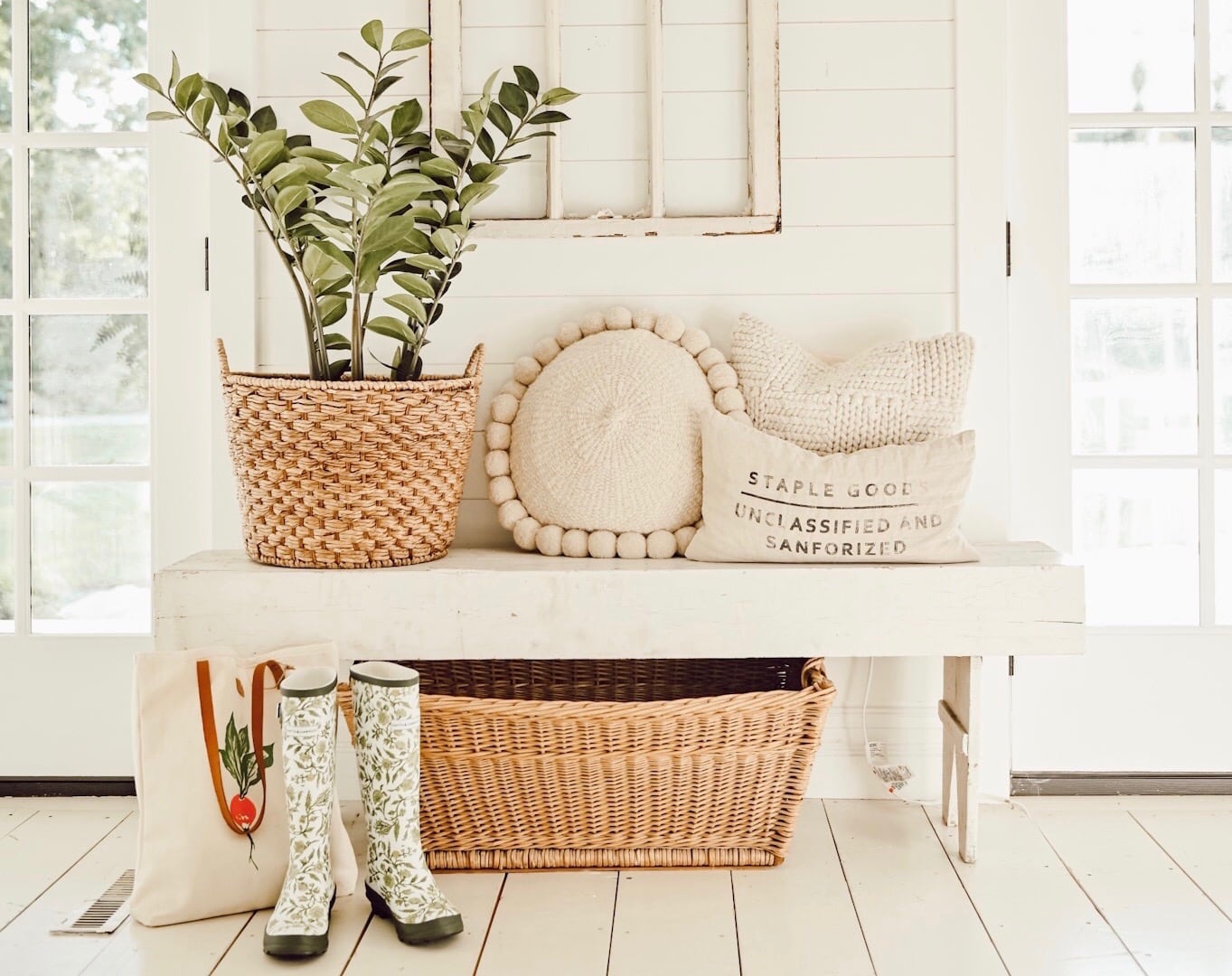 Farmhouse Style Entryway to get a cozy look with garden elements and rain boots