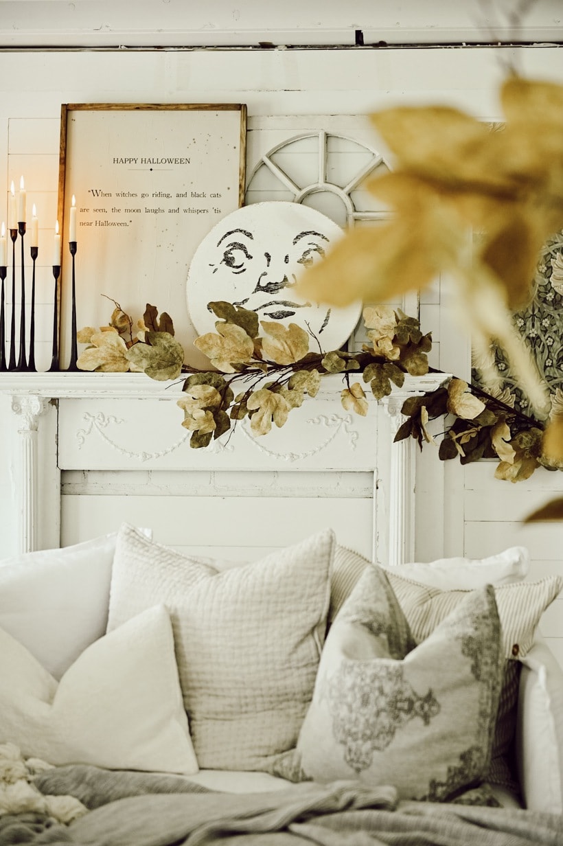 Farmhouse Mantel Decorated for Halloween