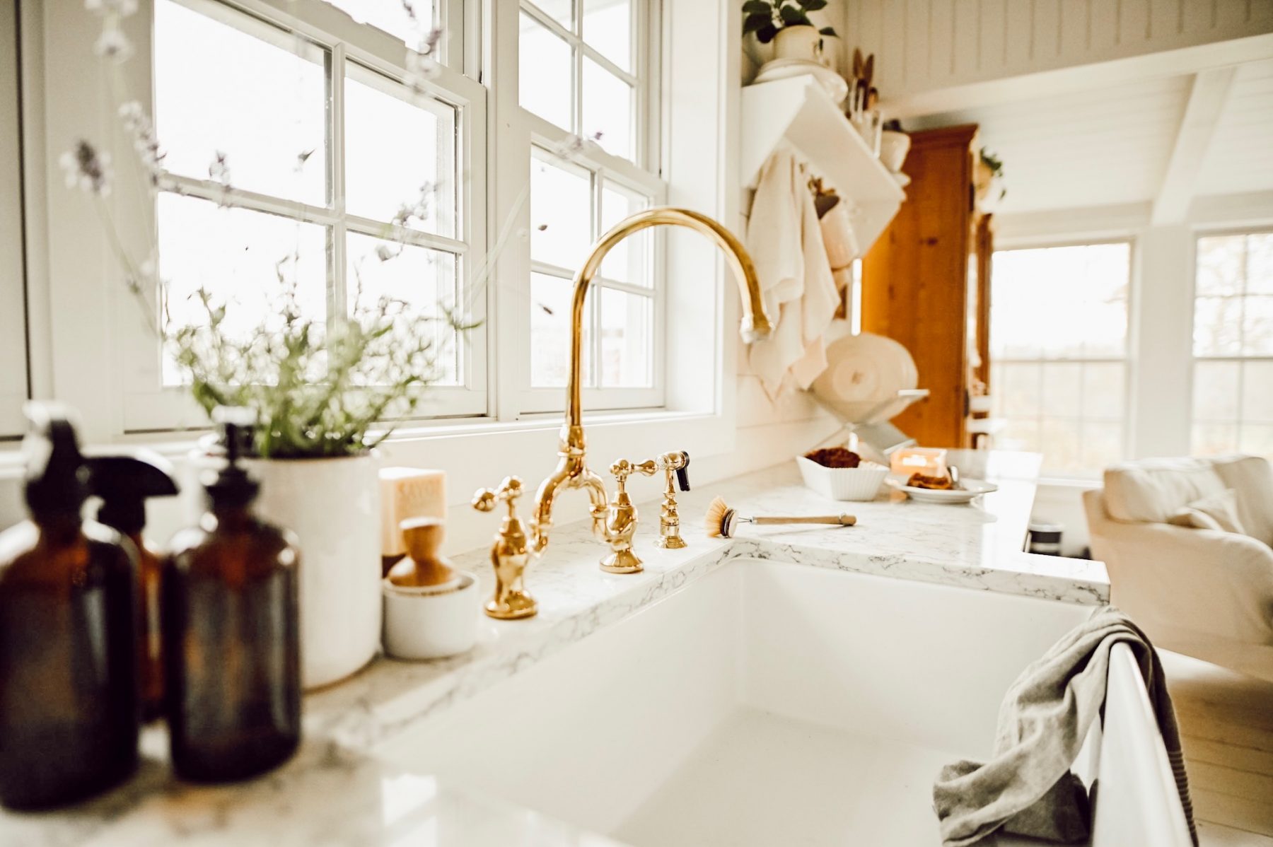 Brass Hardware in white kitchen
