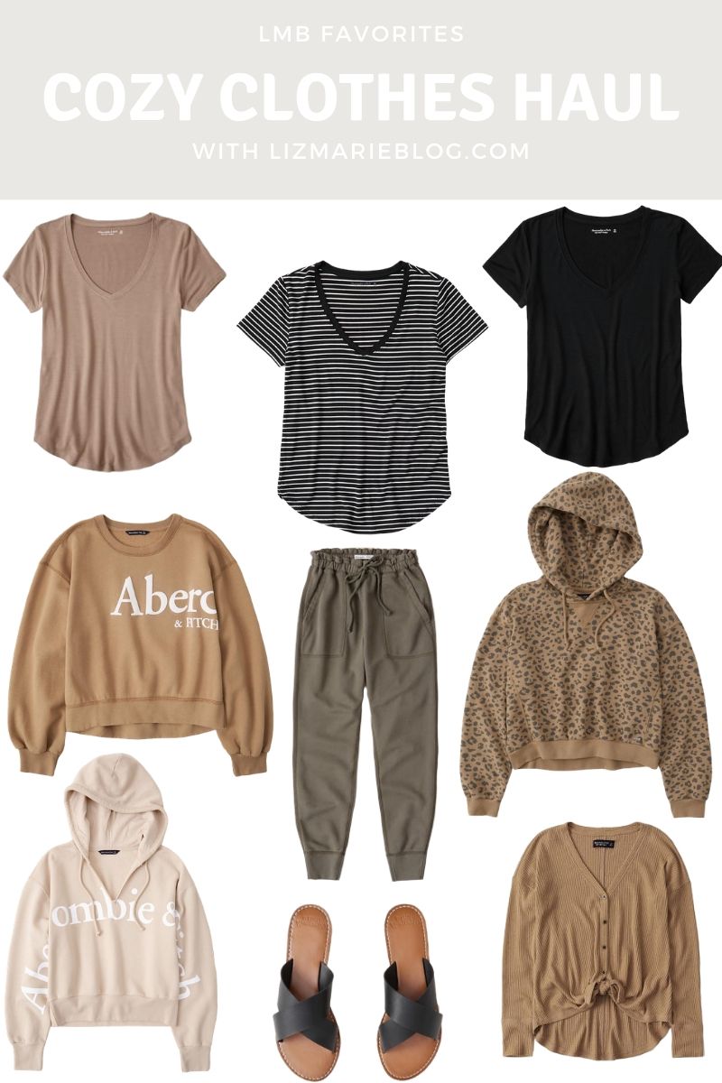Cozy Clothes from Abercrombie hero graphic to showcase some of the items within the curated collection by Liz Marie