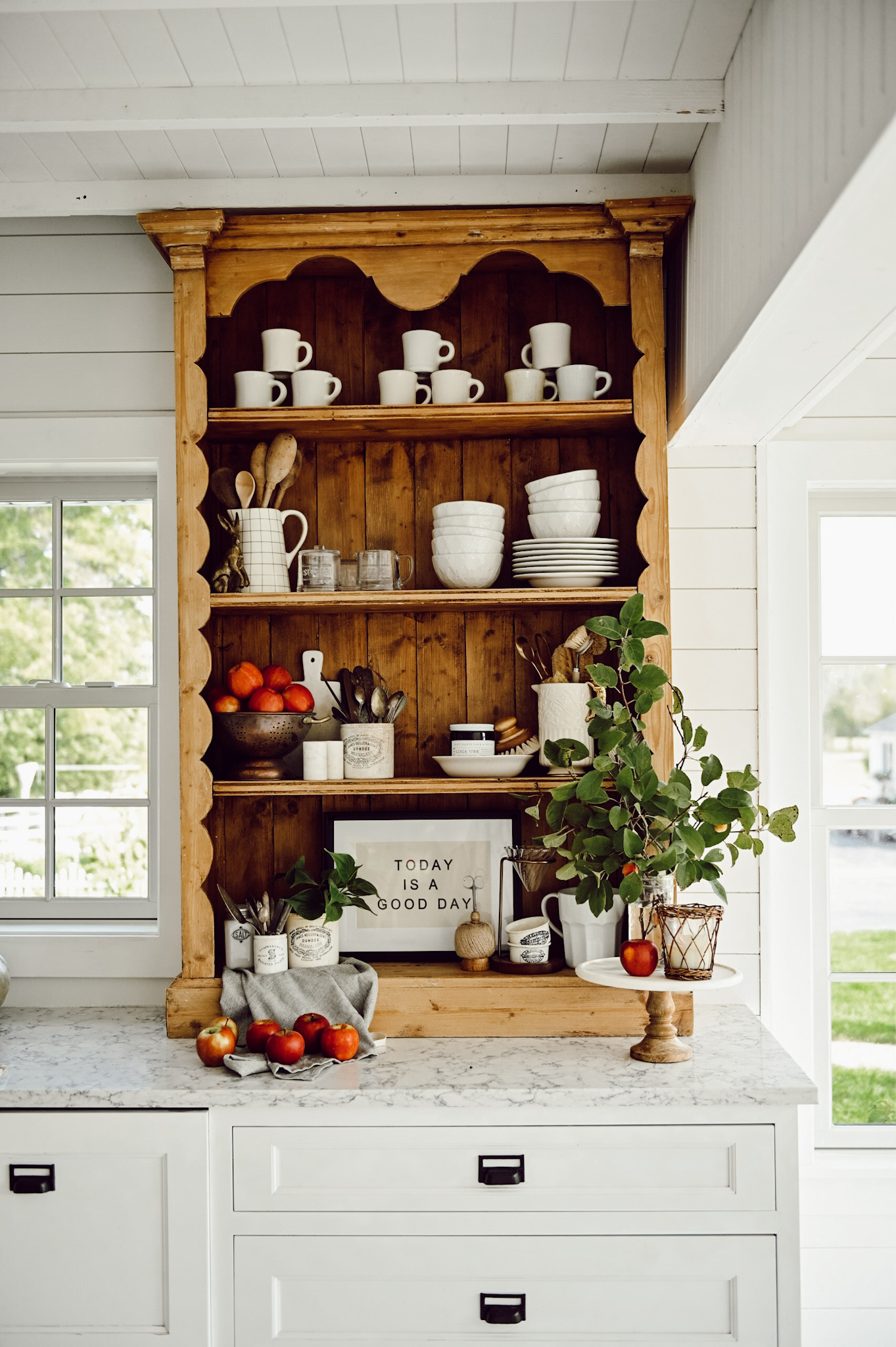 Pine Bookshelf In White Kitchen