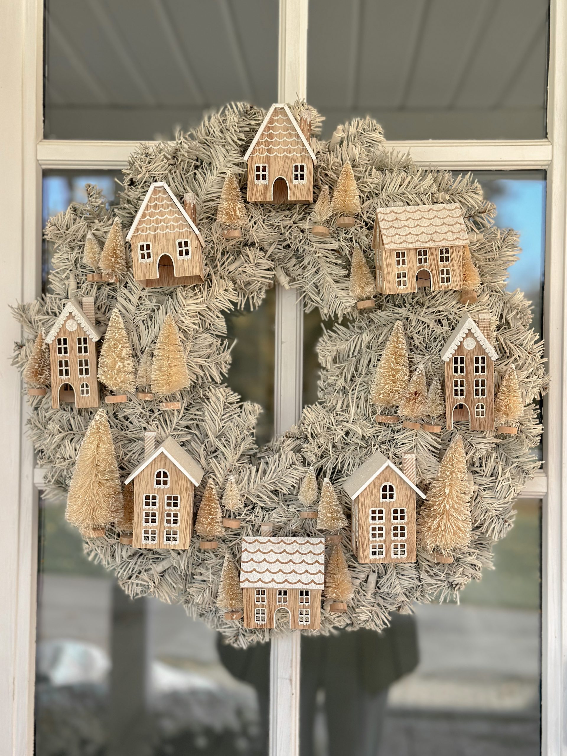 White bottle brush trees on diy wreath