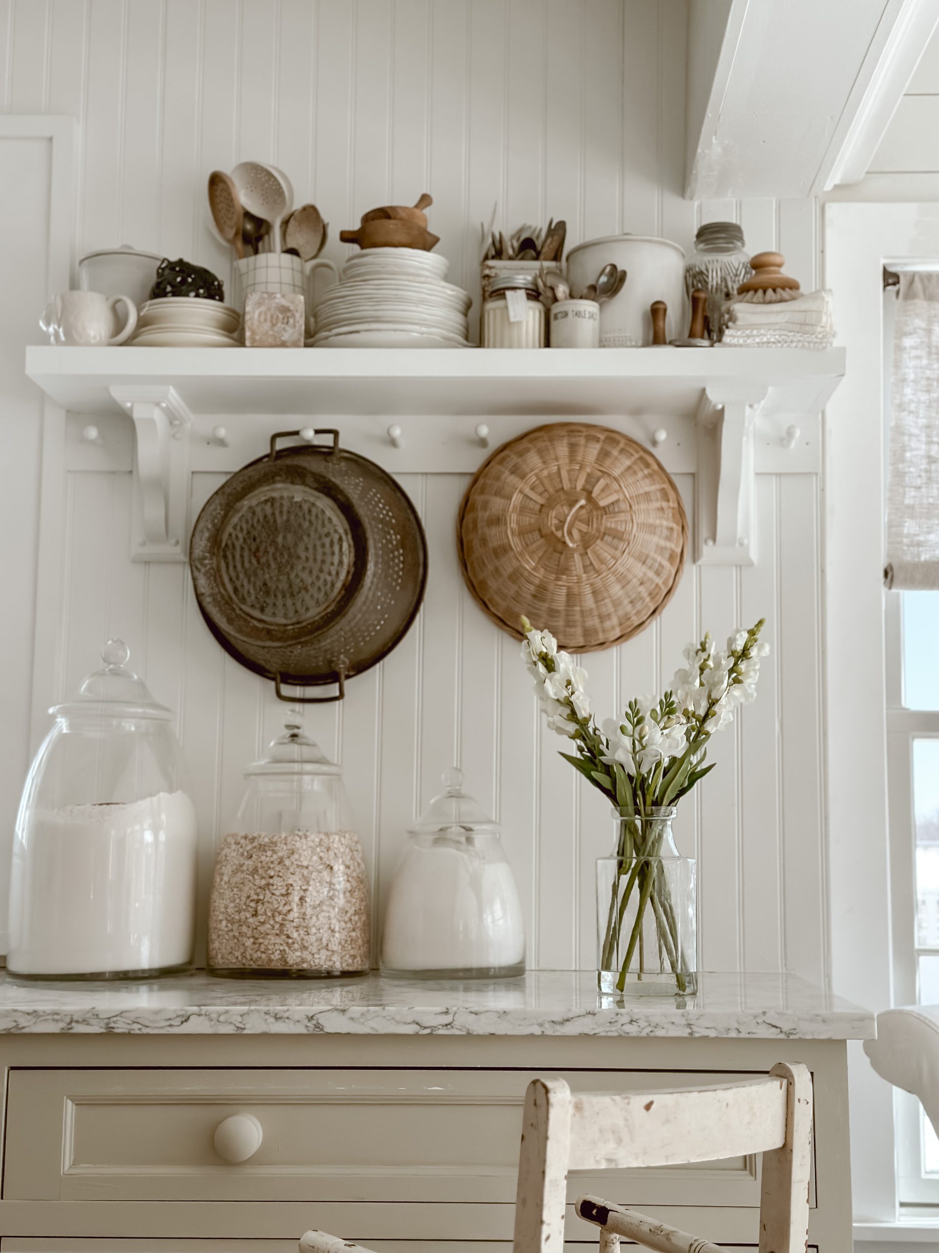 Farmhouse kitchen with Peg-rail Storage & Organization