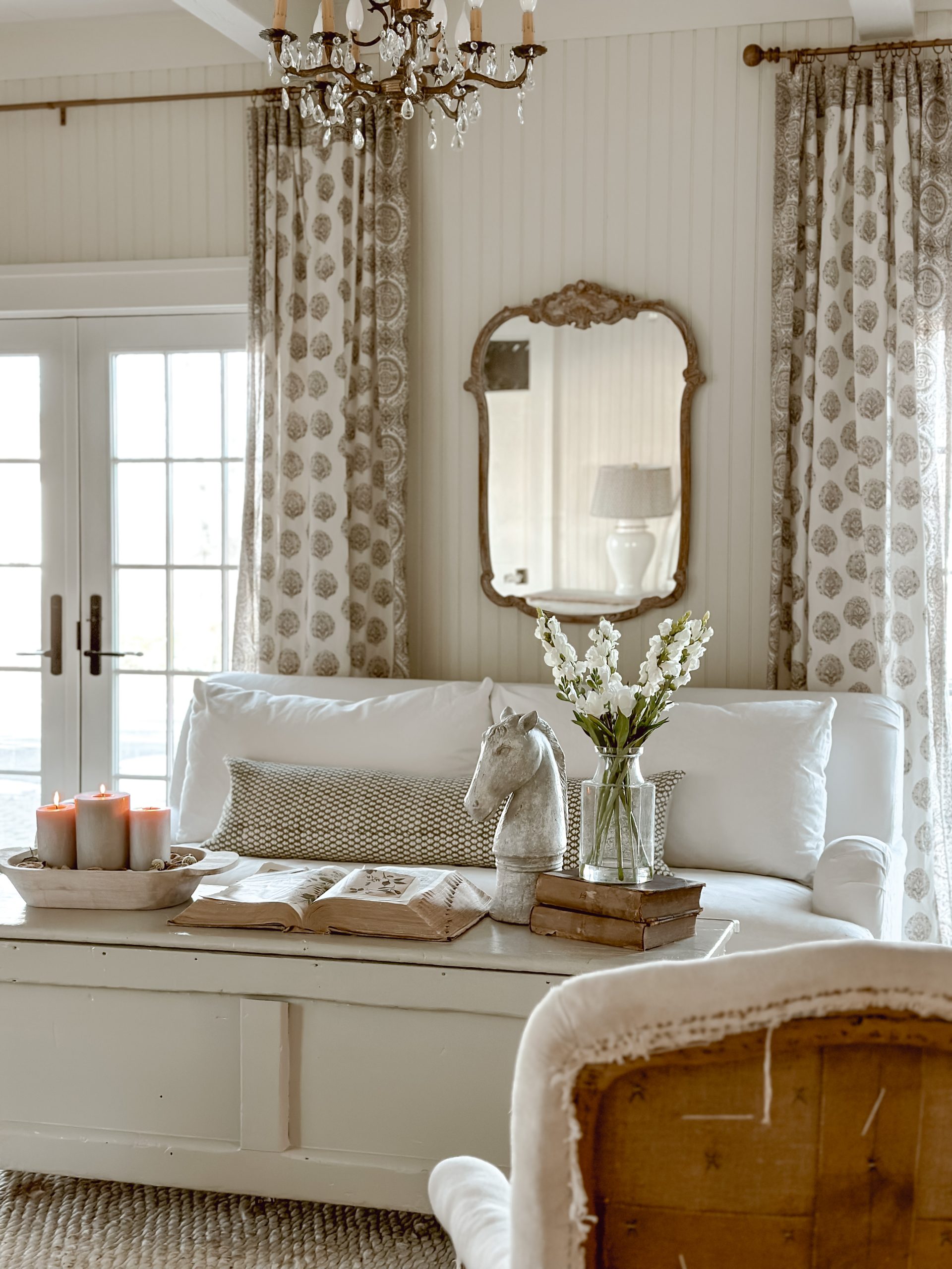 Neutral Spring Living Room with minimal transitioning florals and greenery 