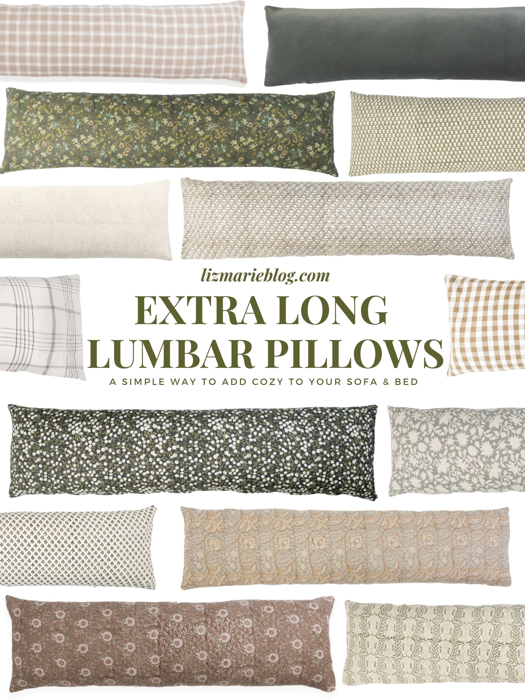Graphic of Extra Long Lumbar Pillows curated by Liz Marie Galvan